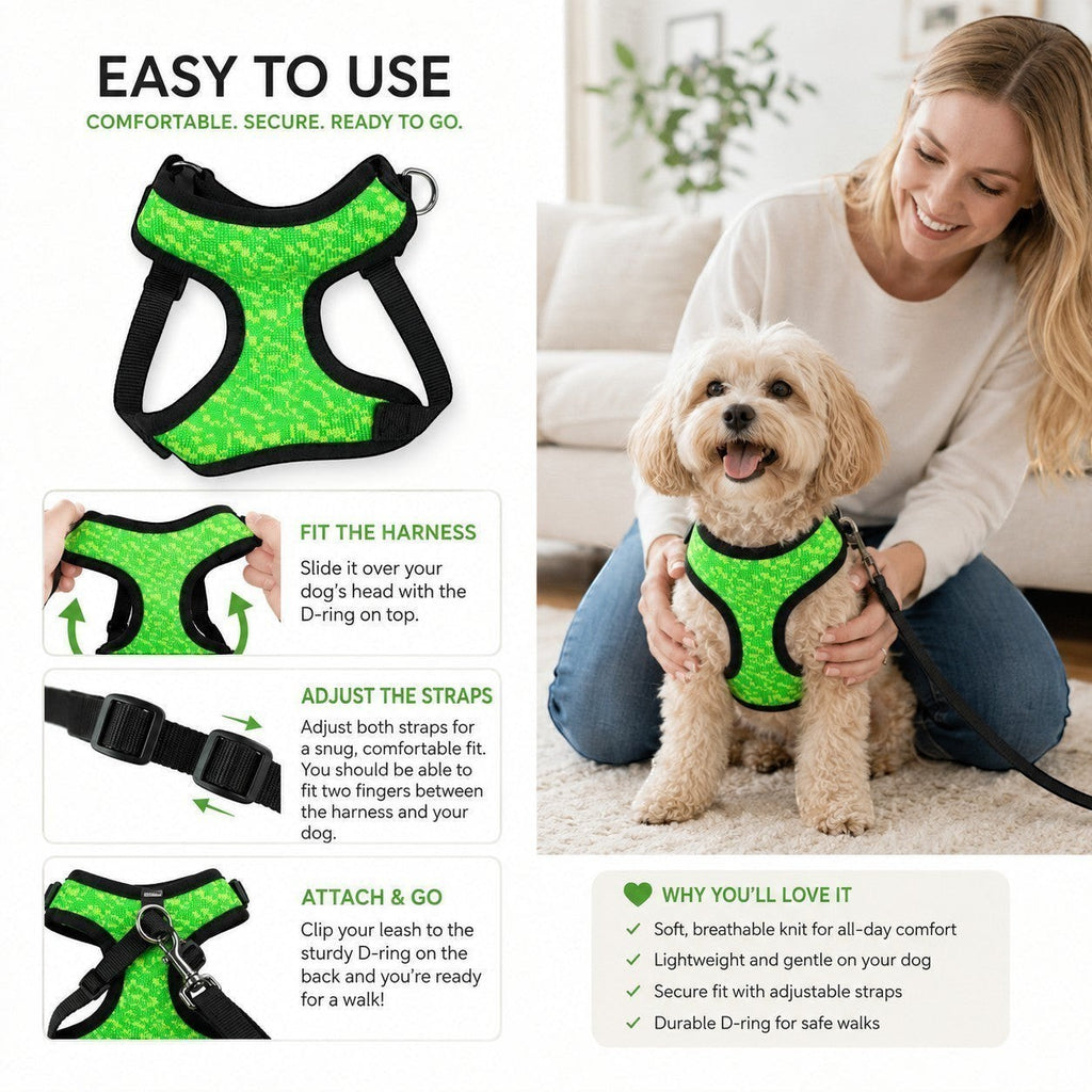 Tap2Own neon green knit dog harness with textured pattern, adjustable straps, and D-ring. Shown on a small dog with a woman.