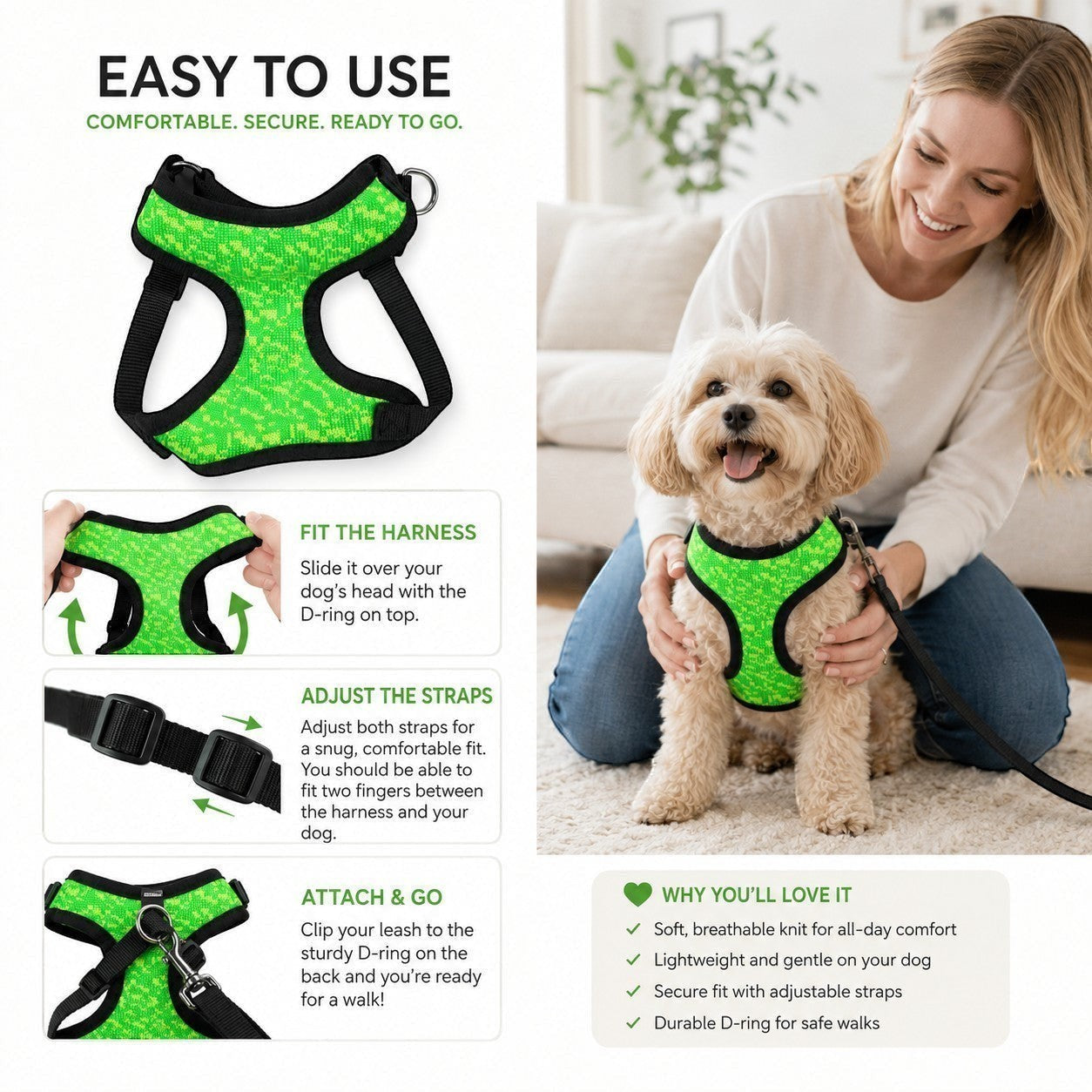 Tap2Own neon green knit dog harness with textured pattern, adjustable straps, and D-ring. Shown on a small dog with a woman.