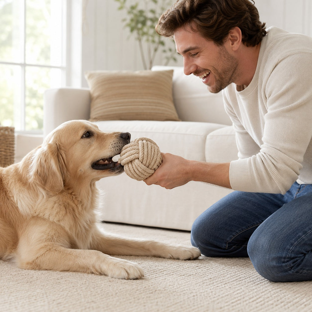 Tap2Own natural beige cotton rope knot ball dog toy for interactive play and chewing.