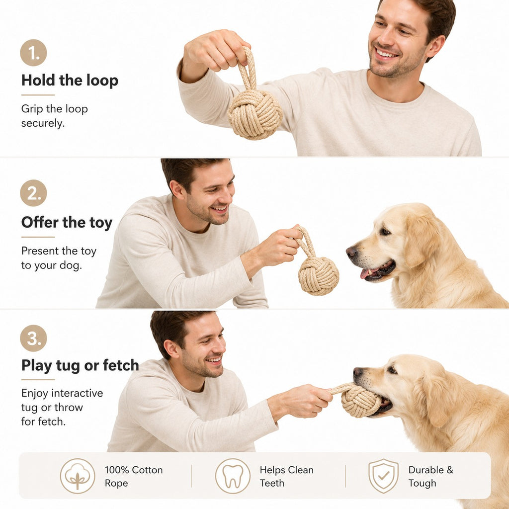 Tap2Own natural beige 100% cotton rope knot ball dog toy for interactive play, tug, and fetch.