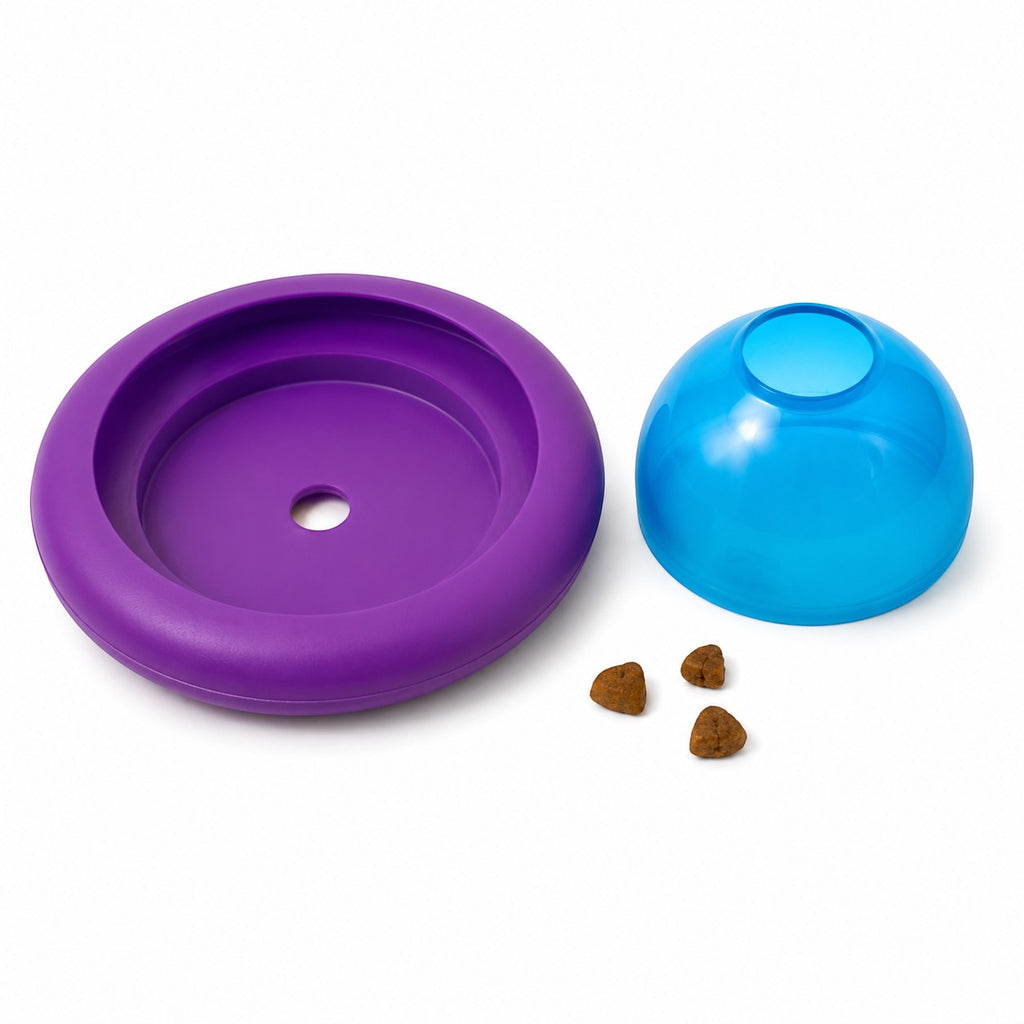 Tap2Own KONG Roll & Flip Action Plus Bell Sounds Cat Toy, purple base and blue dome with kibble.