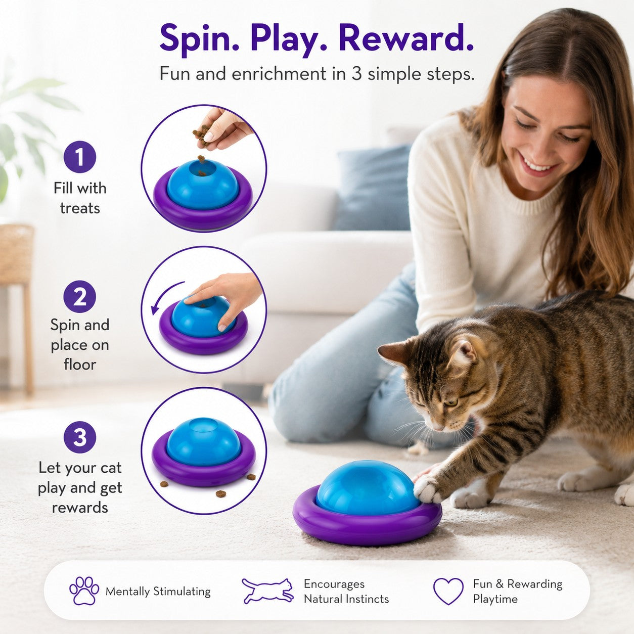 Tap2Own KONG Roll & Flip Action Plus cat toy, purple and blue, dispenses treats as cat plays.
