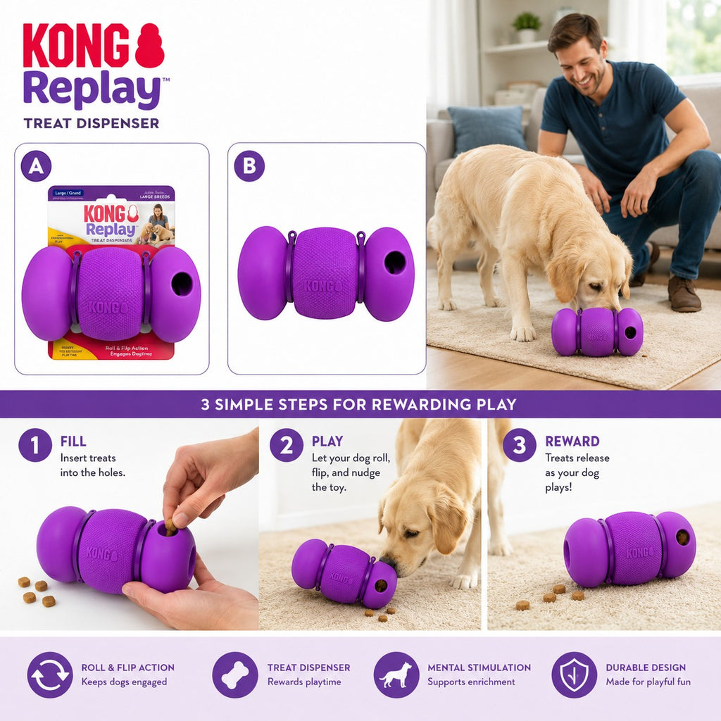 Tap2Own KONG Replay purple treat dispenser dog toy with roll and flip action for mental stimulation and durable play.