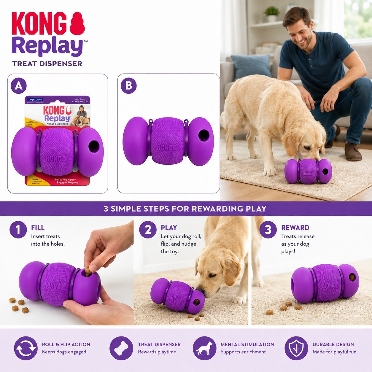 Tap2Own KONG Replay purple treat dispenser dog toy with roll and flip action for mental stimulation and durable play.