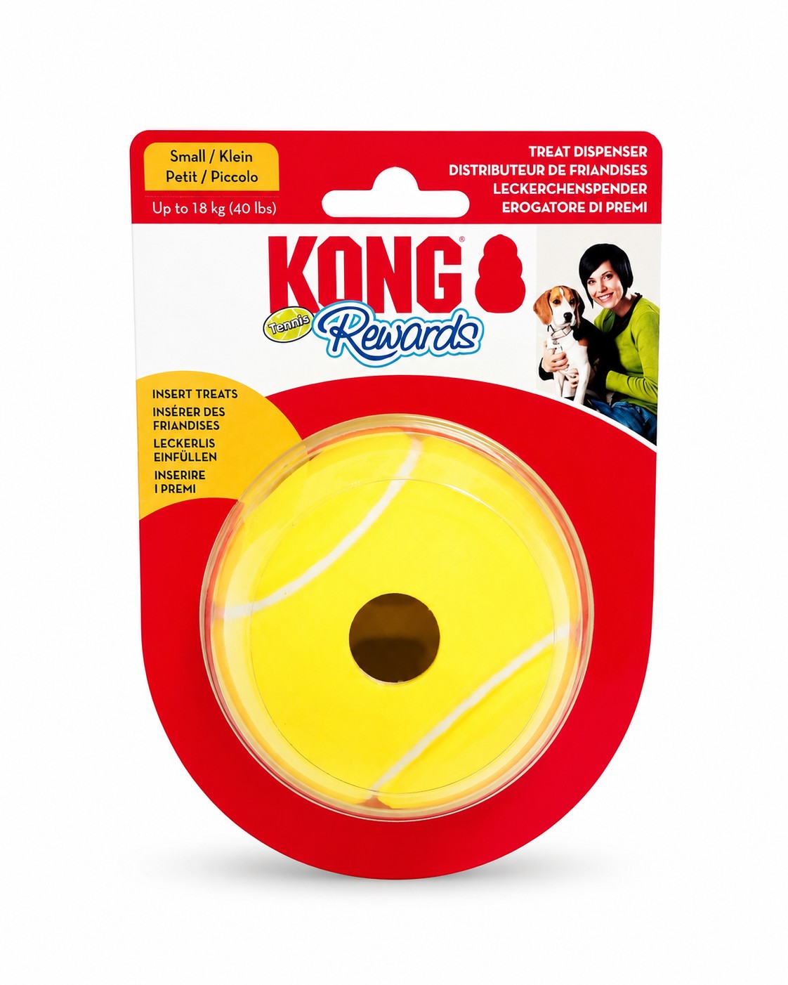 Tap2Own KONG Rewards Tennis Ball Treat Dispenser for small dogs, bright yellow rubber, challenges pets with treat dispensing.