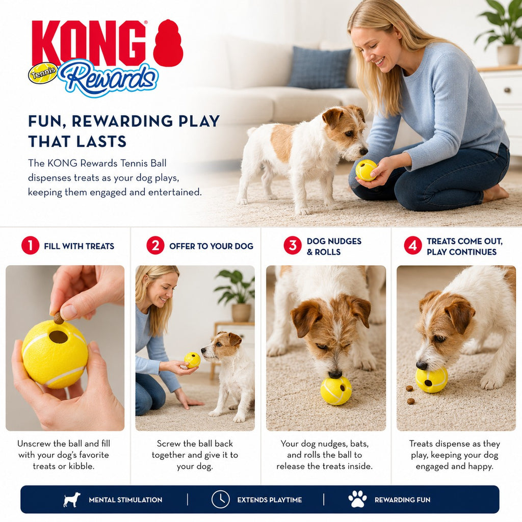 Tap2Own KONG Rewards yellow tennis ball treat dispenser for small dogs, dispensing treats during play.