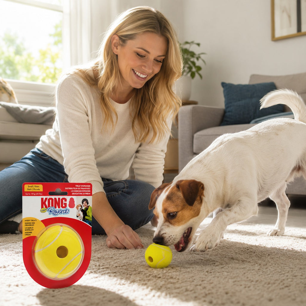 Tap2Own KONG Rewards yellow tennis ball treat dispenser for small dogs, made of durable rubber.