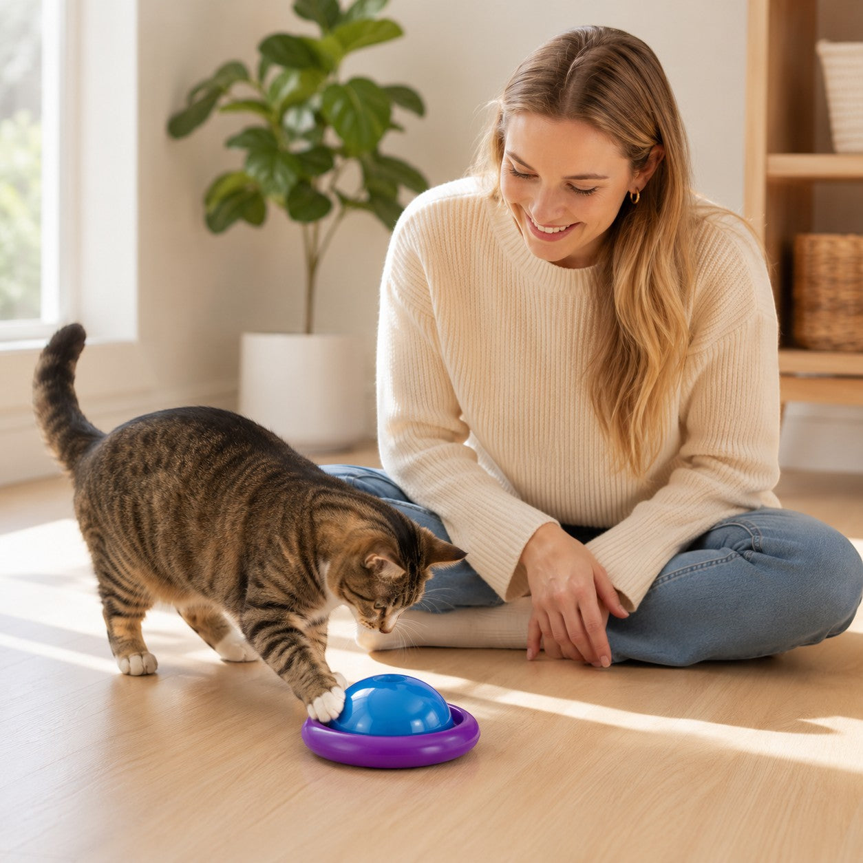 Tap2Own KONG Roll & Flip Action Plus cat toy in purple and blue, with a tabby cat playing with it.