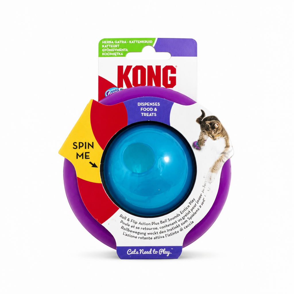 Tap2Own KONG Roll & Flip Action Plus cat toy dispenses treats, features a blue ball and purple ring with bell sounds.