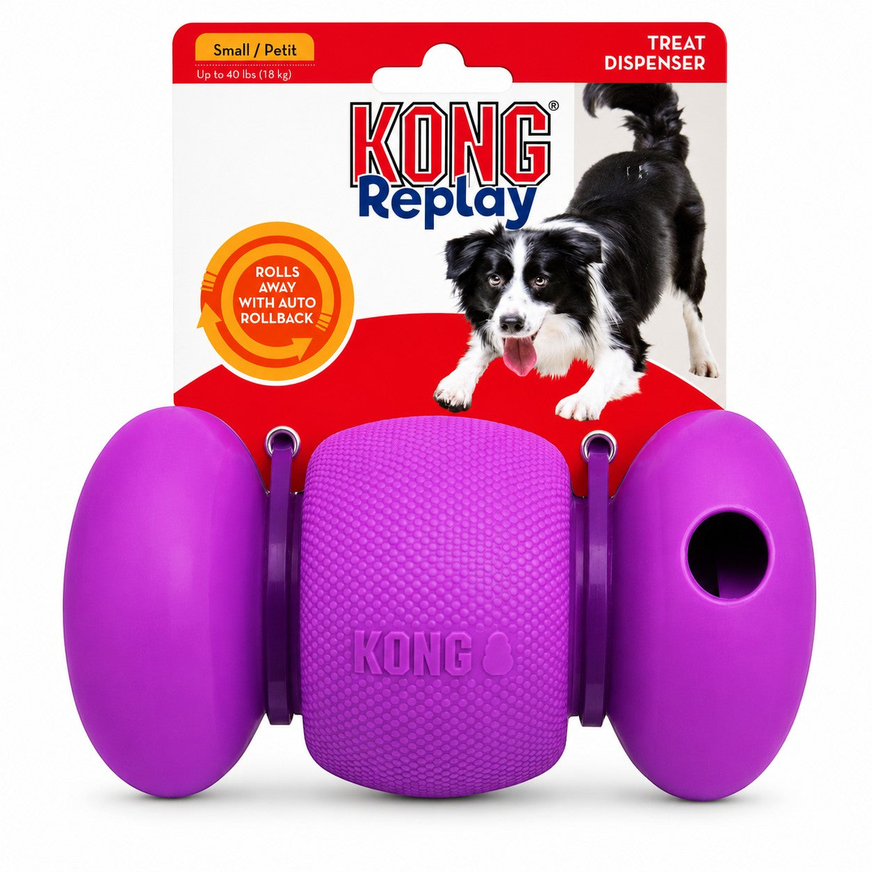 Tap2Own KONG Replay purple treat dispenser dog toy with textured center and rolling ends.