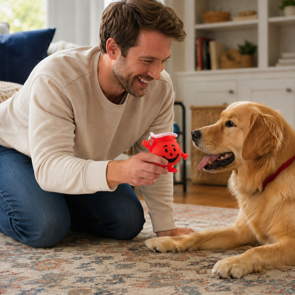 Tap2Own Kool-Aid Man vinyl dog toy, red, with squeaker, held by a man playing with a golden retriever.