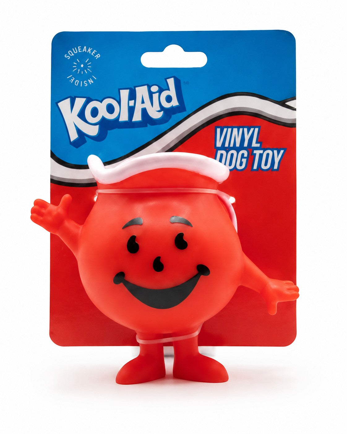 Tap2Own Kool-Aid Man vinyl dog toy, red, with squeaker inside. Iconic character design for interactive play.