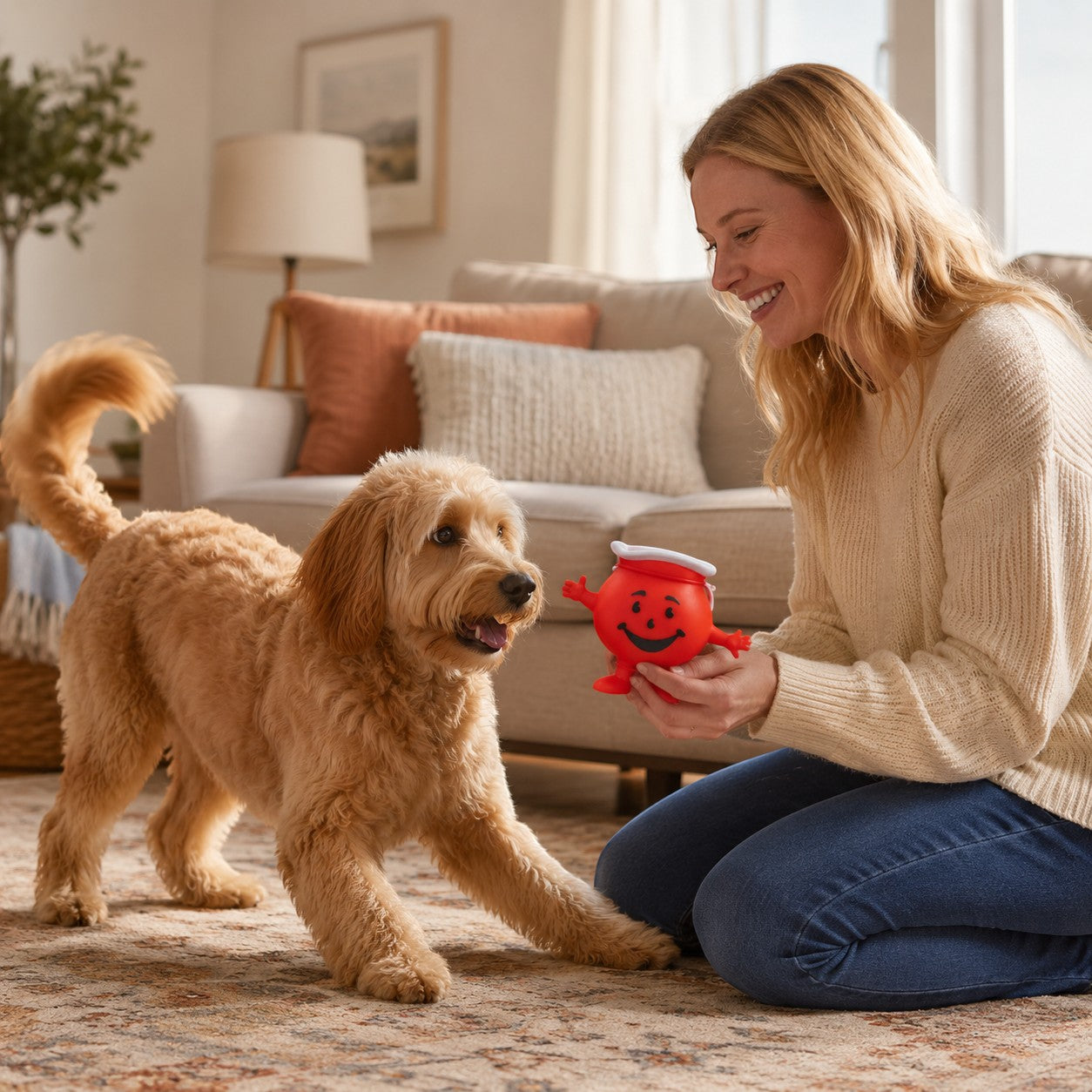 Tap2Own Kool-Aid Man vinyl dog toy, red, with squeaker, held by a woman playing with a golden doodle dog in a living room.