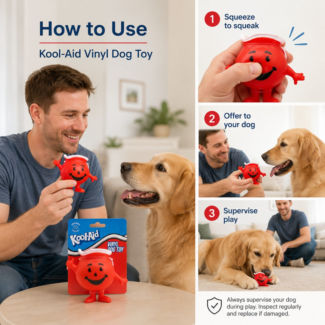 Tap2Own Kool-Aid Man red vinyl dog toy with squeaker, shown with a golden retriever and owner.