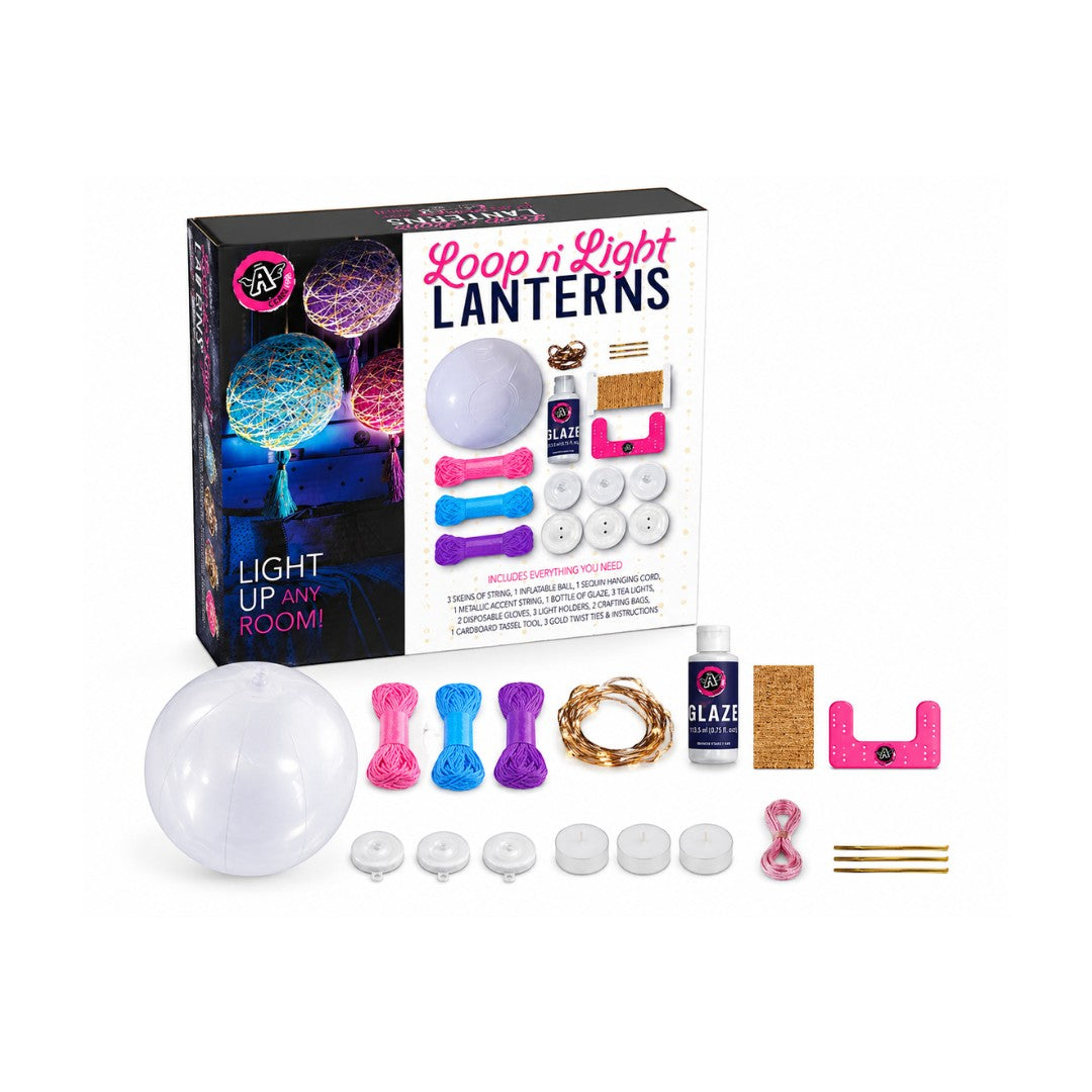 Tap2Own Loop n Light Lanterns Craft Kit includes string, inflatable ball, glaze, tea lights, and tassels for DIY illuminated string lanterns.