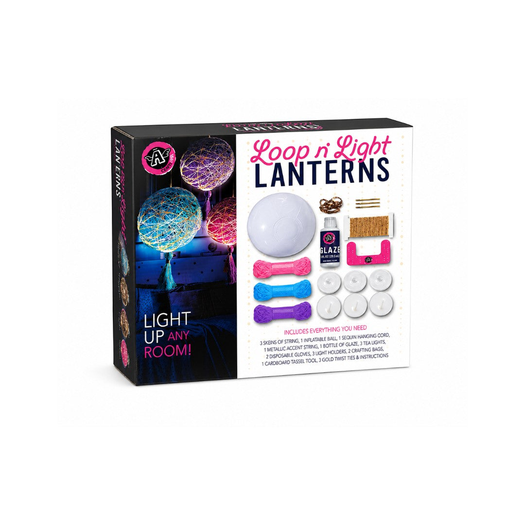 Tap2Own Loop n Light Lanterns Craft Kit with string, inflatable ball, glaze, tea lights, and tassels for DIY illuminated string lanterns.