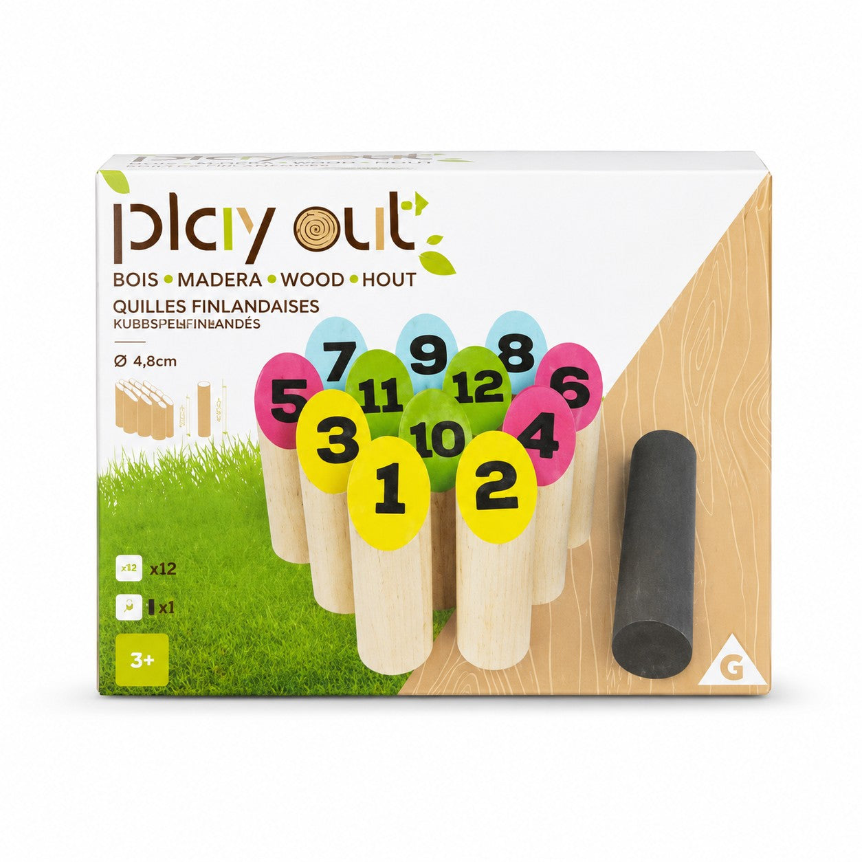 Tap2Own Playout wooden lawn bowling game set with 12 numbered pins and throwing baton. Suitable for ages 3+.
