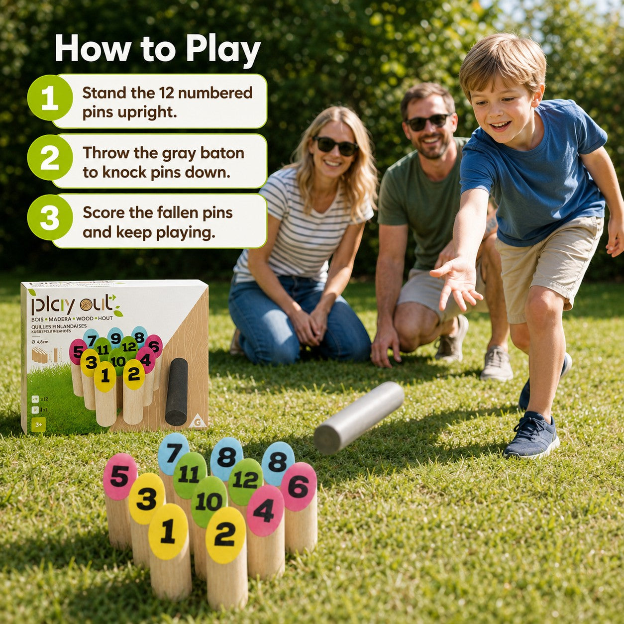 Tap2Own Playout wooden lawn bowling set with 12 numbered pins and throwing baton on grass, family playing.