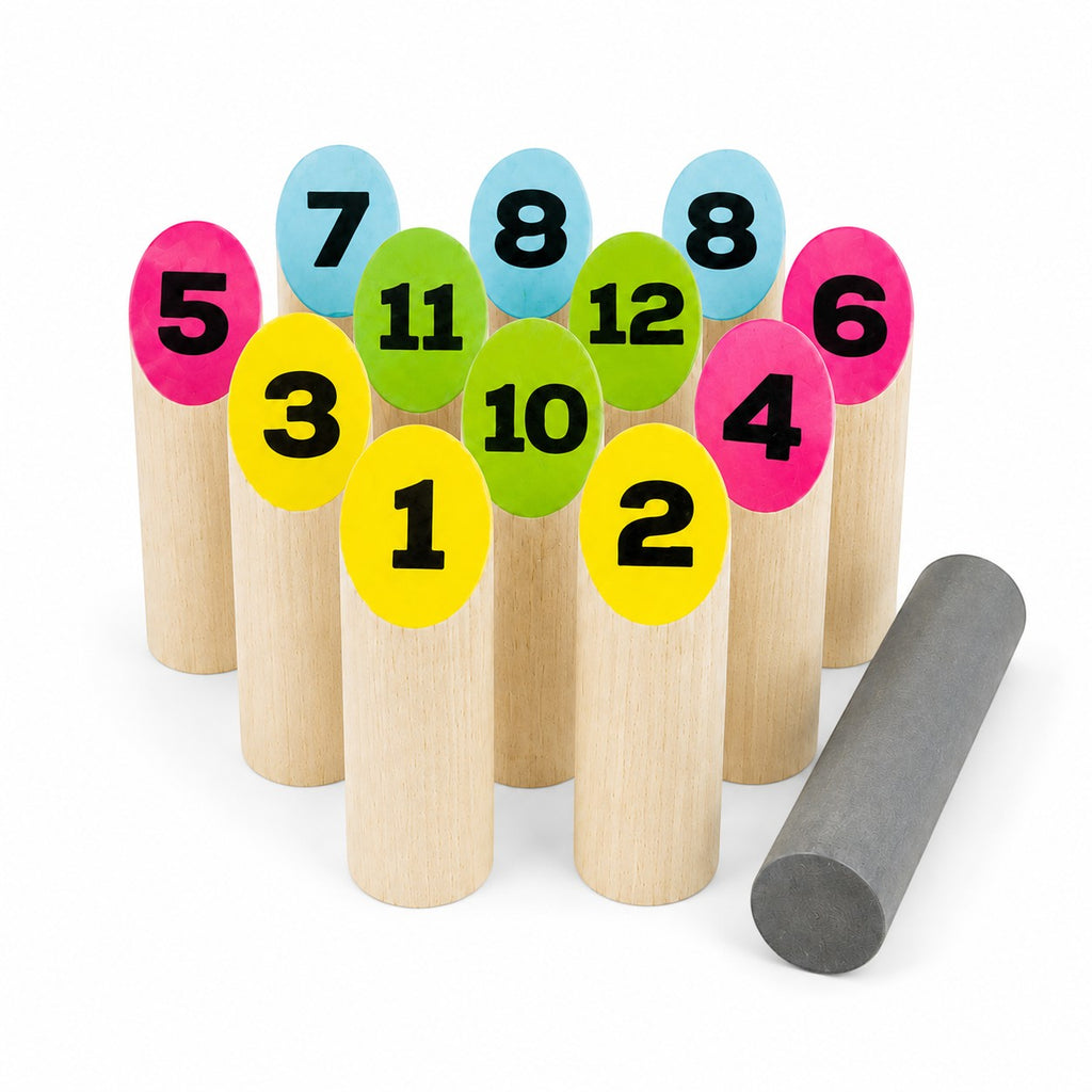 Tap2Own wooden lawn bowling game set with 12 numbered pins and a grey throwing baton. Pins are numbered 1-12 with colorful tops.