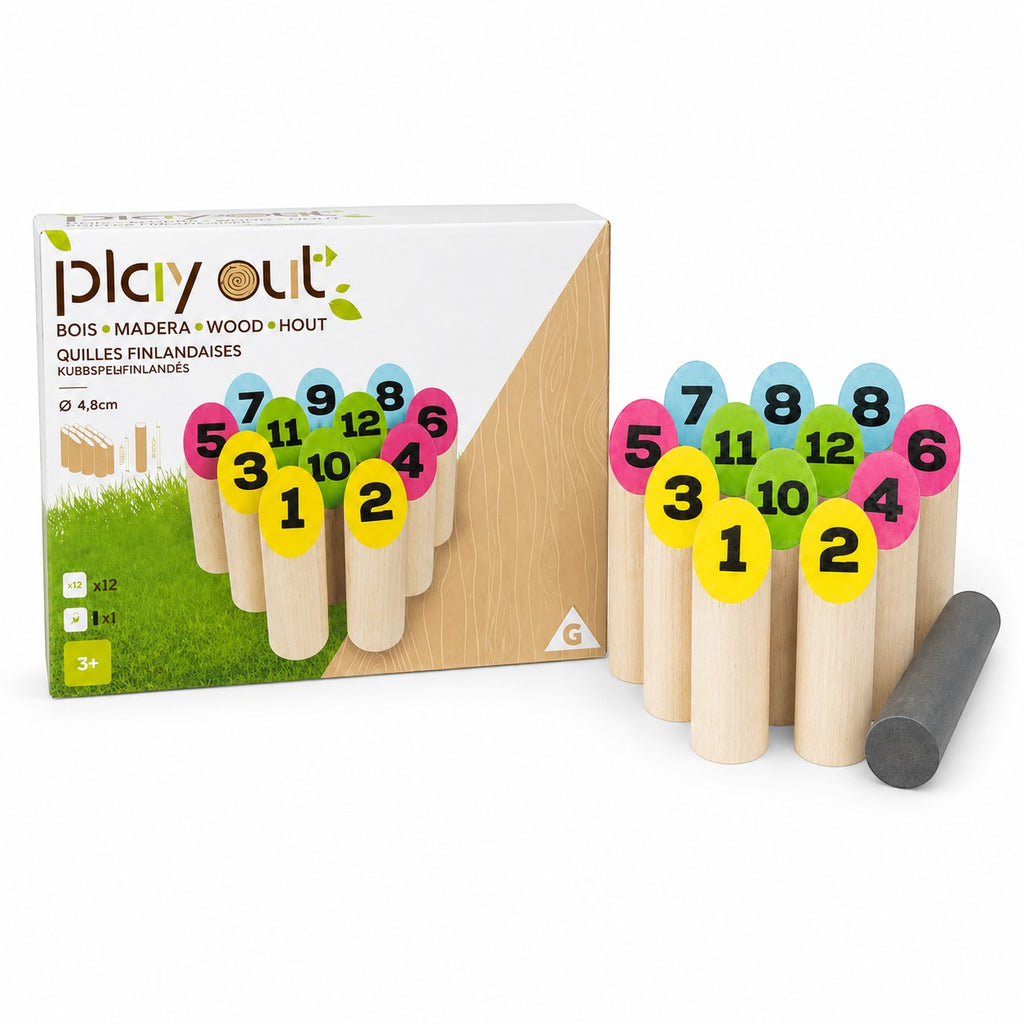 Tap2Own Playout wooden lawn bowling game set with 12 numbered pins and throwing baton. Pins have colorful numbered tops.