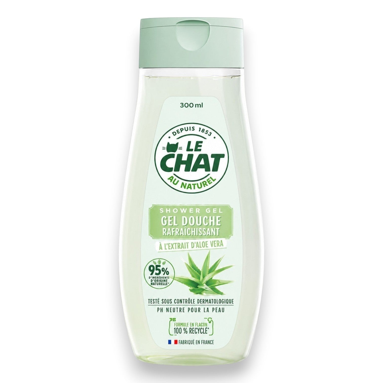 Tap2Own Le Chat Au Naturel Aloe Vera shower gel in a 300ml recycled plastic bottle with a light green cap.