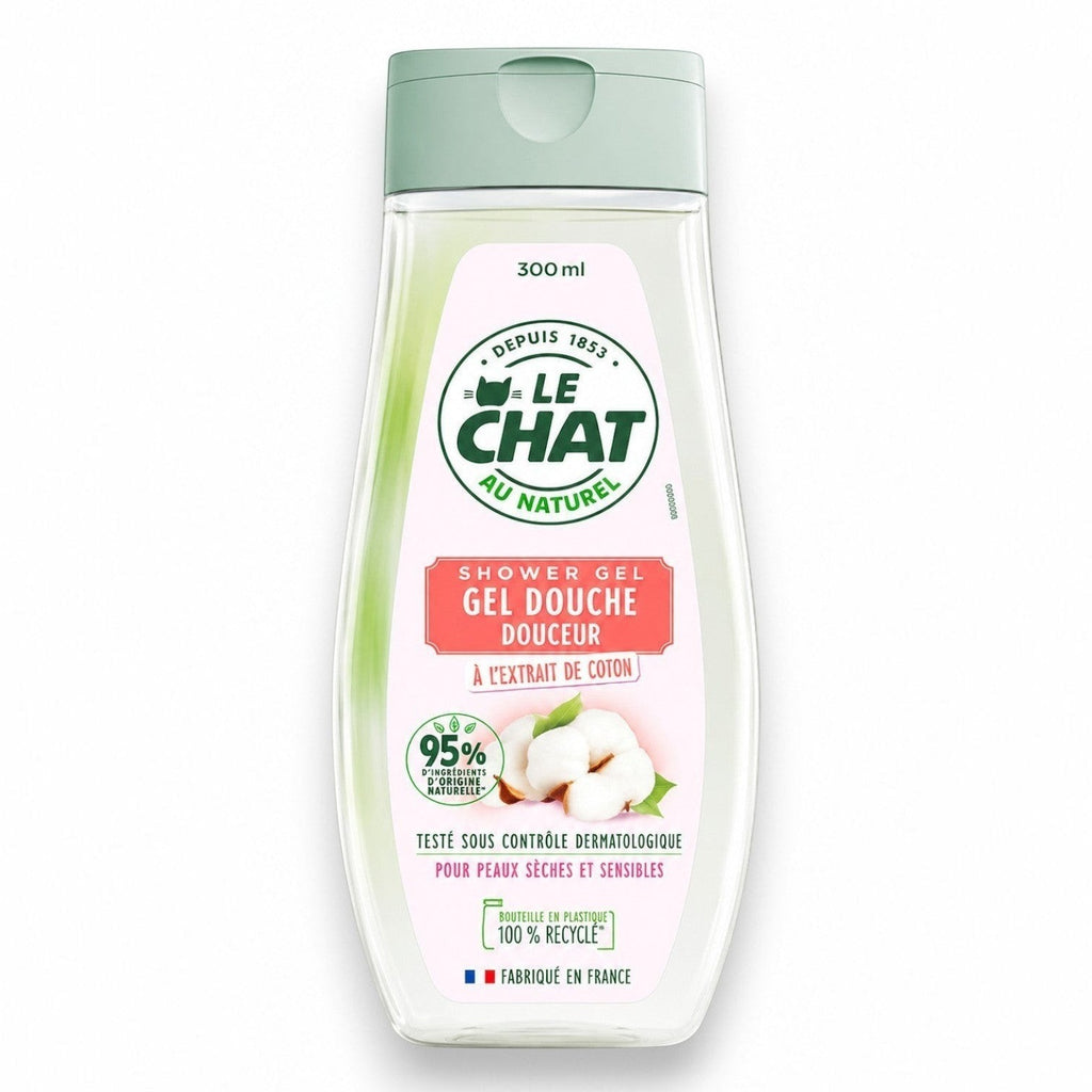 Tap2Own Le Chat Au Naturel cotton extract shower gel in a 300ml recycled plastic bottle for sensitive skin.