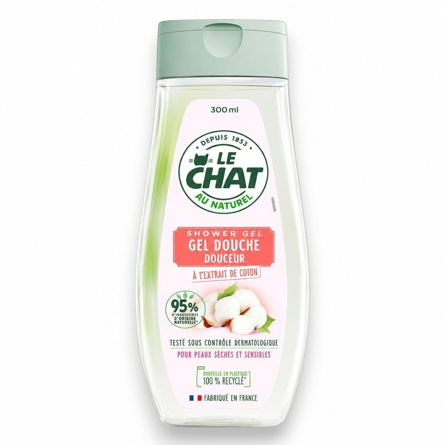 Tap2Own Le Chat Au Naturel cotton extract shower gel in a 300ml recycled plastic bottle for sensitive skin.
