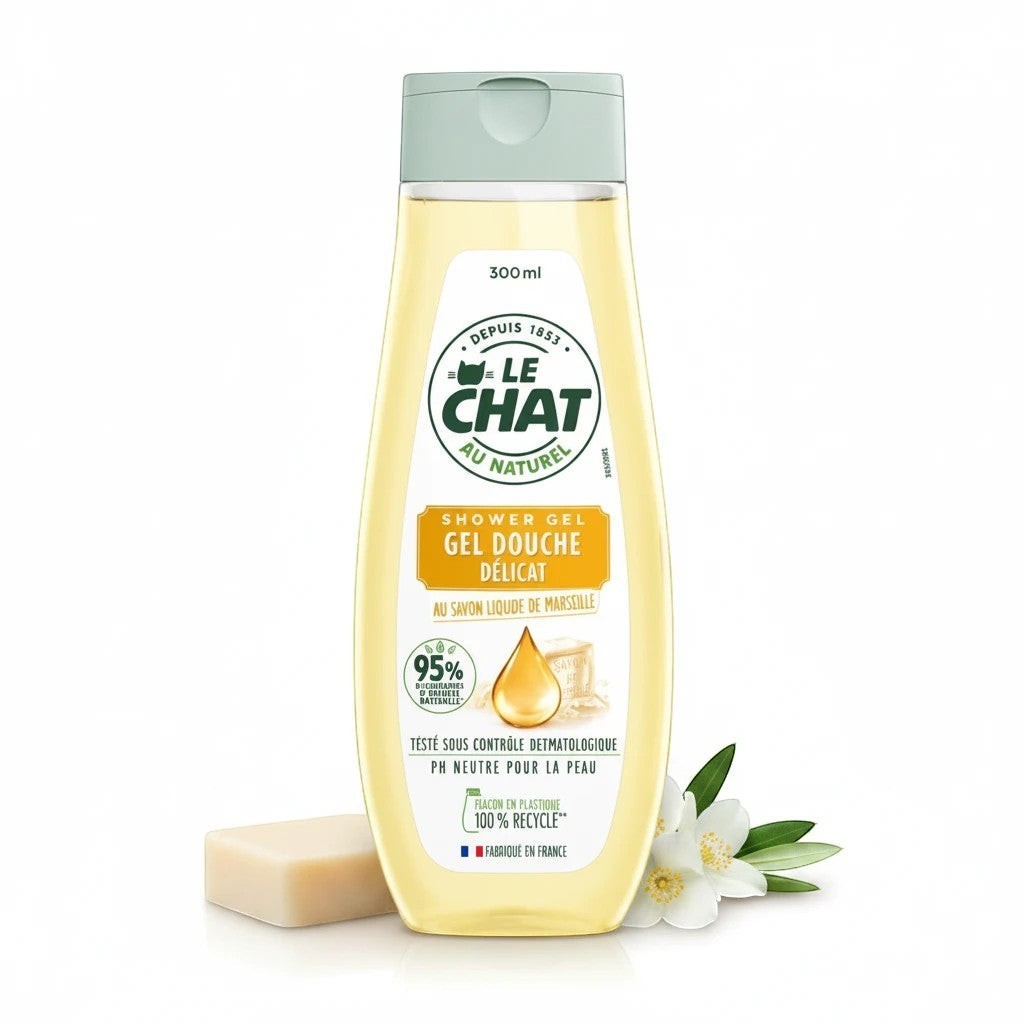 Tap2Own Le Chat Au Naturel Marseille liquid soap shower gel in a 300ml recycled plastic bottle with floral accents.