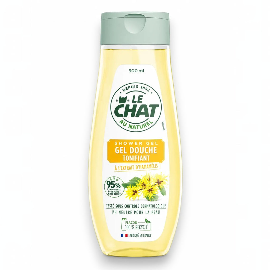 Tap2Own Le Chat Au Naturel Witch Hazel invigorating shower gel in a 300ml recycled plastic bottle.