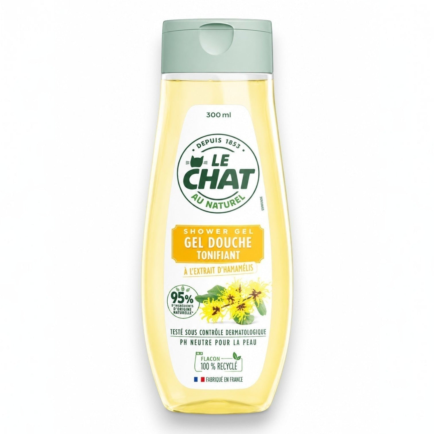 Tap2Own Le Chat Au Naturel invigorating witch hazel shower gel in a 300ml recycled plastic bottle.