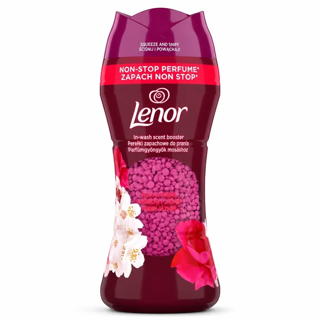 Tap2Own Lenor Ruby Jasmine in-wash scent booster beads in a dark purple bottle with floral accents