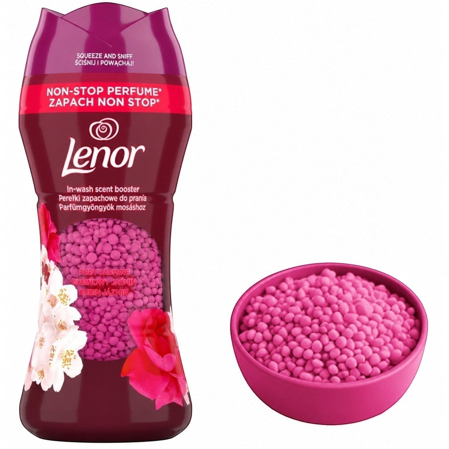 Tap2Own Lenor Ruby Jasmine in-wash scent booster laundry beads in a purple bottle with a bowl of pink fragrance pearls