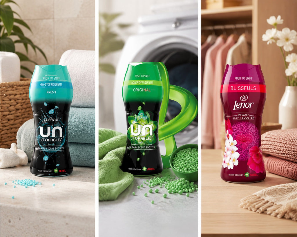 Tap2Own Lenor Unstoppables in-wash scent booster laundry beads in Fresh, Original, and Blissfuls fragrance varieties.