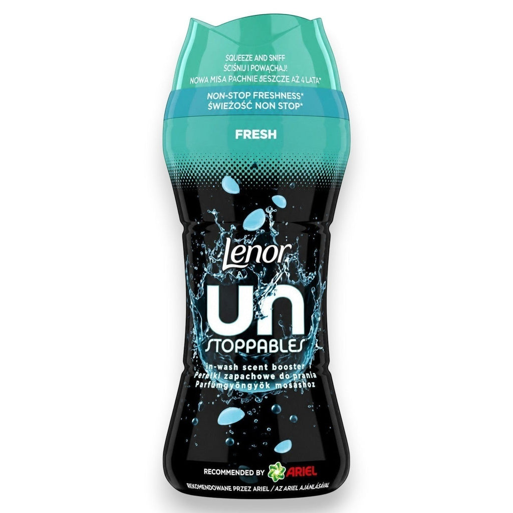 Tap2Own Lenor Unstoppables Fresh in-wash scent booster bottle with teal cap and black label featuring water splash