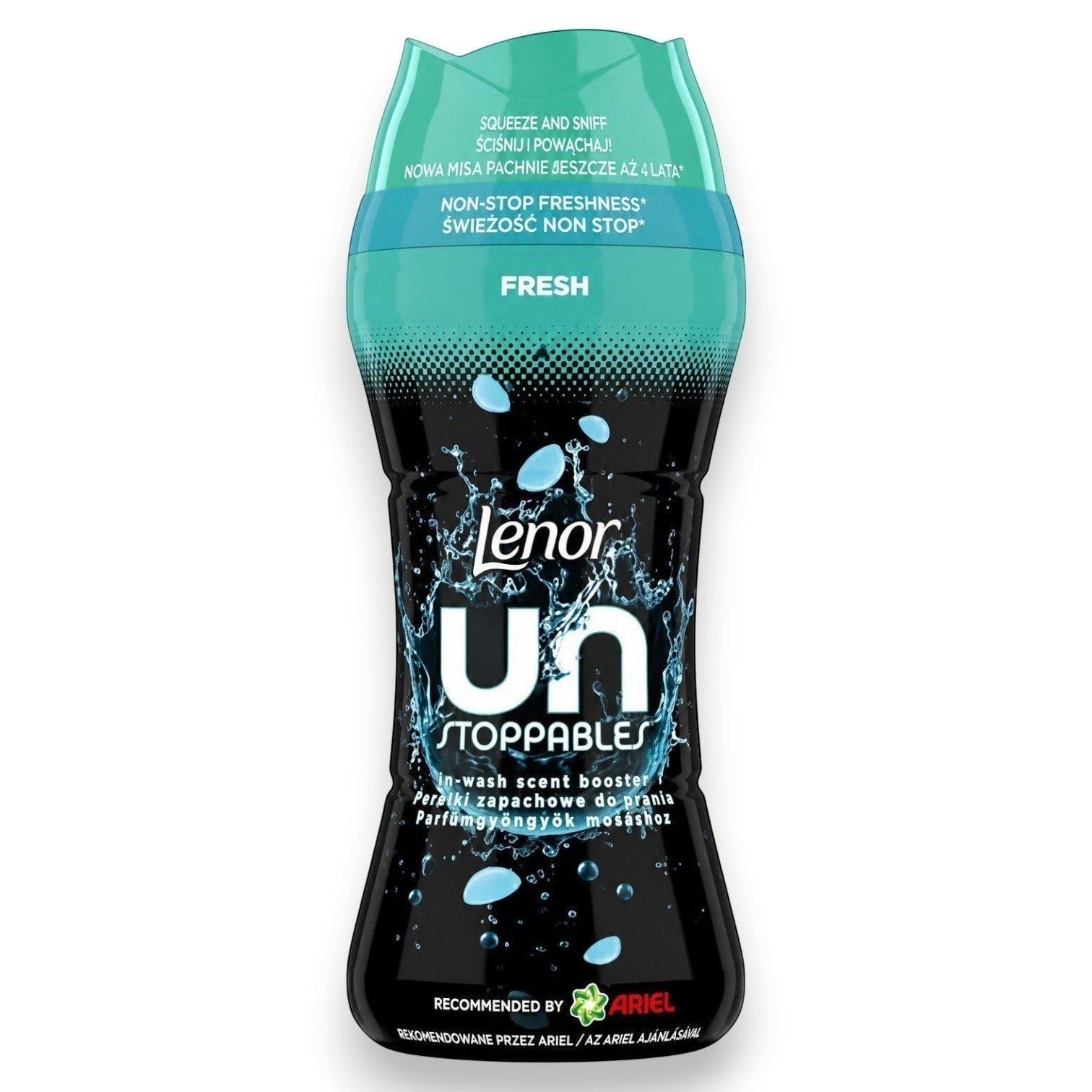 Tap2Own Lenor Unstoppables Fresh in-wash scent booster bottle with teal cap and black label featuring water splash
