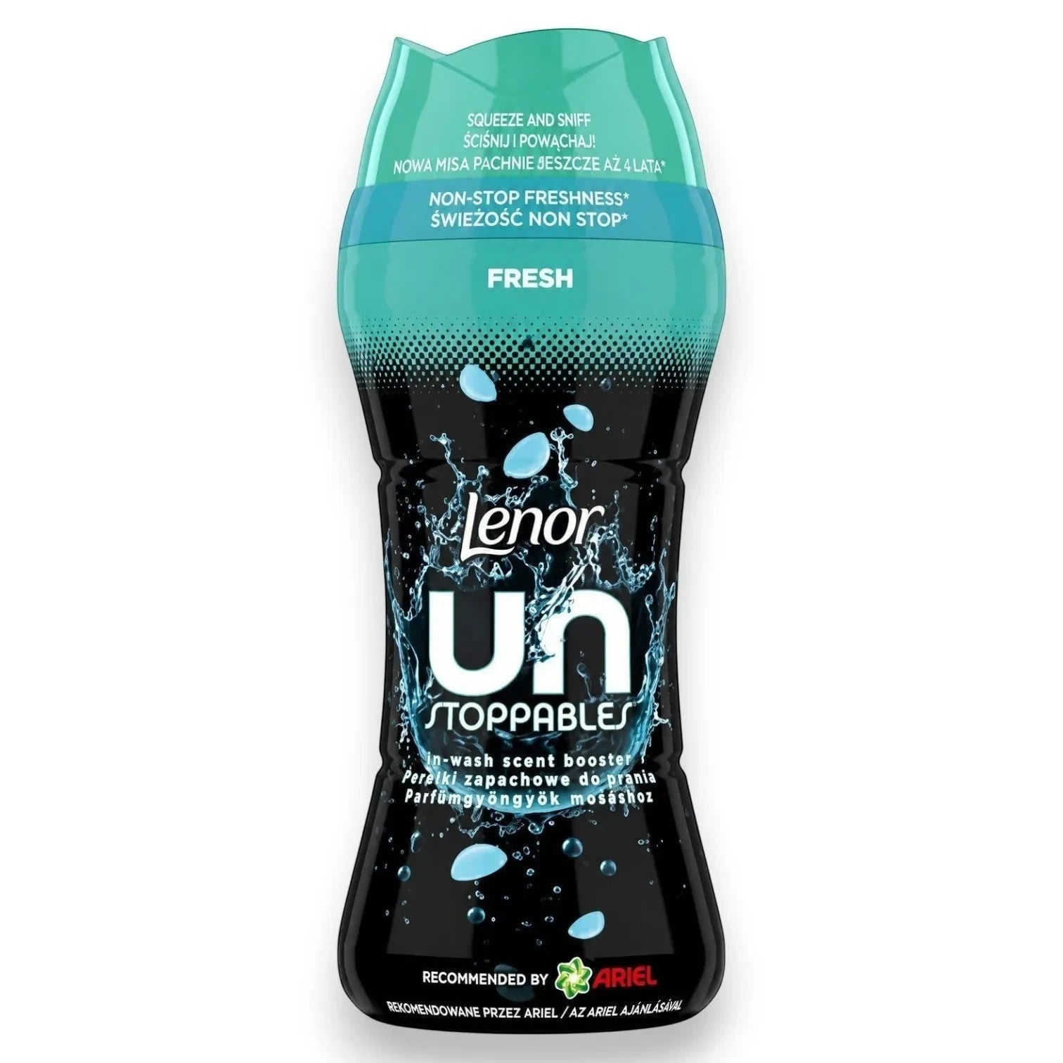 Tap2Own Lenor Unstoppables Fresh in-wash scent booster beads in a black bottle with a turquoise cap.