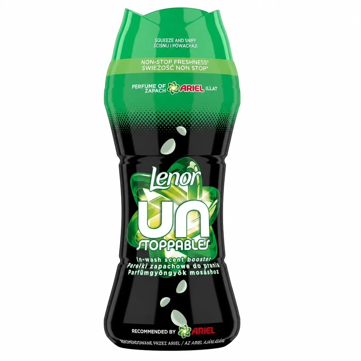 Tap2Own Lenor Unstoppables Fresh in-wash scent booster beads in a black and green bottle for long-lasting laundry aroma.