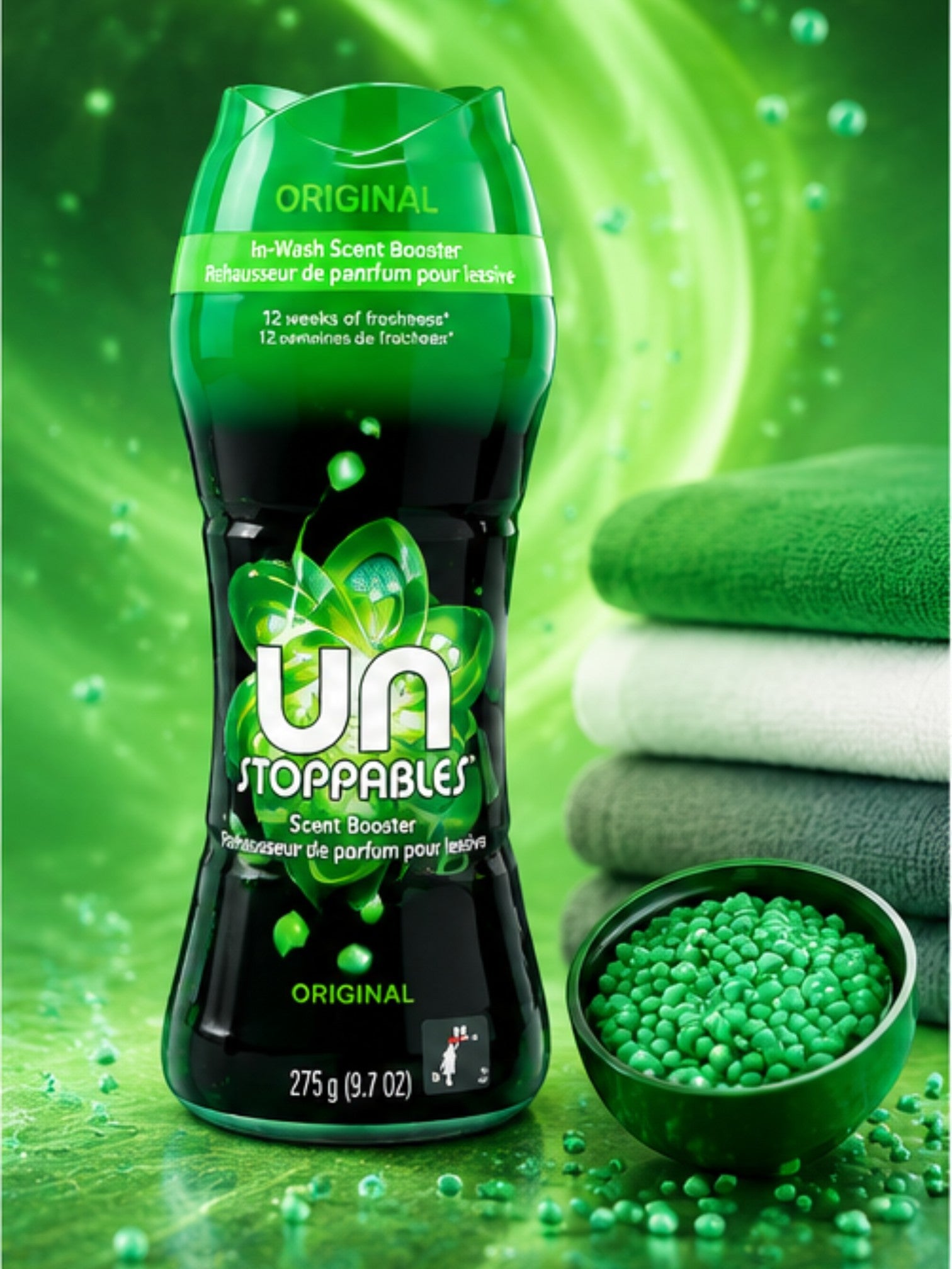 Tap2Own Lenor Unstoppables Original in-wash scent booster beads in a green bottle with a bowl of green fragrance pearls.