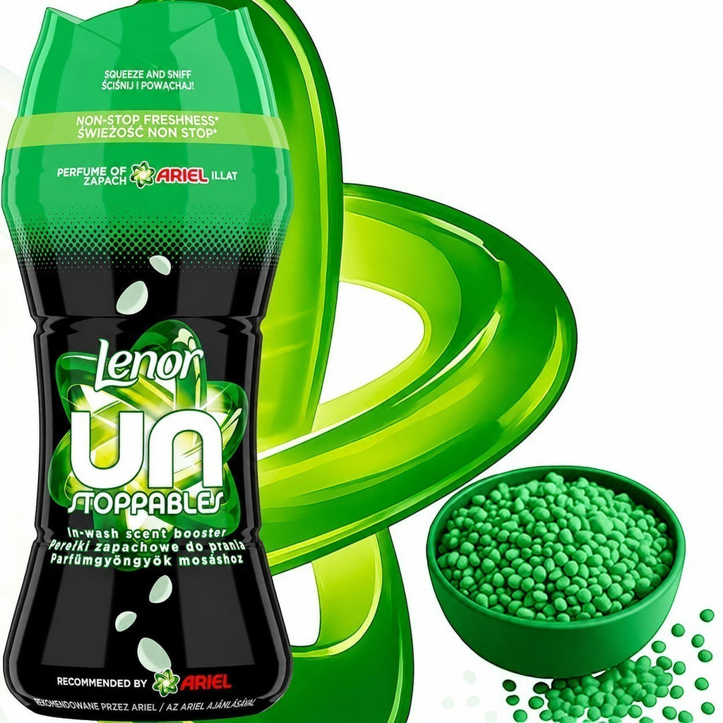 Tap2Own Lenor Unstoppables Fresh in-wash scent booster bottle with green laundry beads in a small bowl