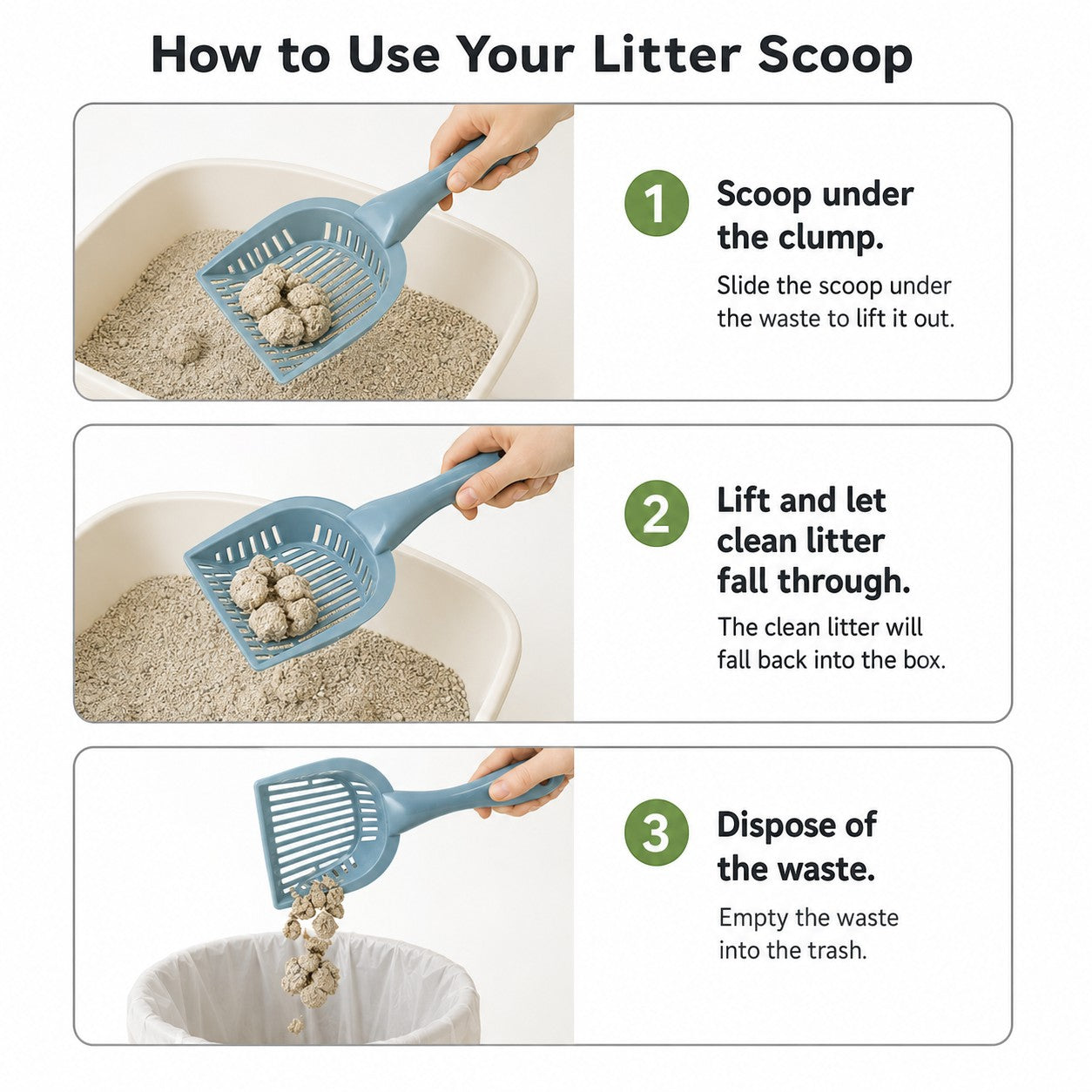 Tap2Own blue plastic litter scoop with slotted design for efficient cat waste management and ergonomic handle.