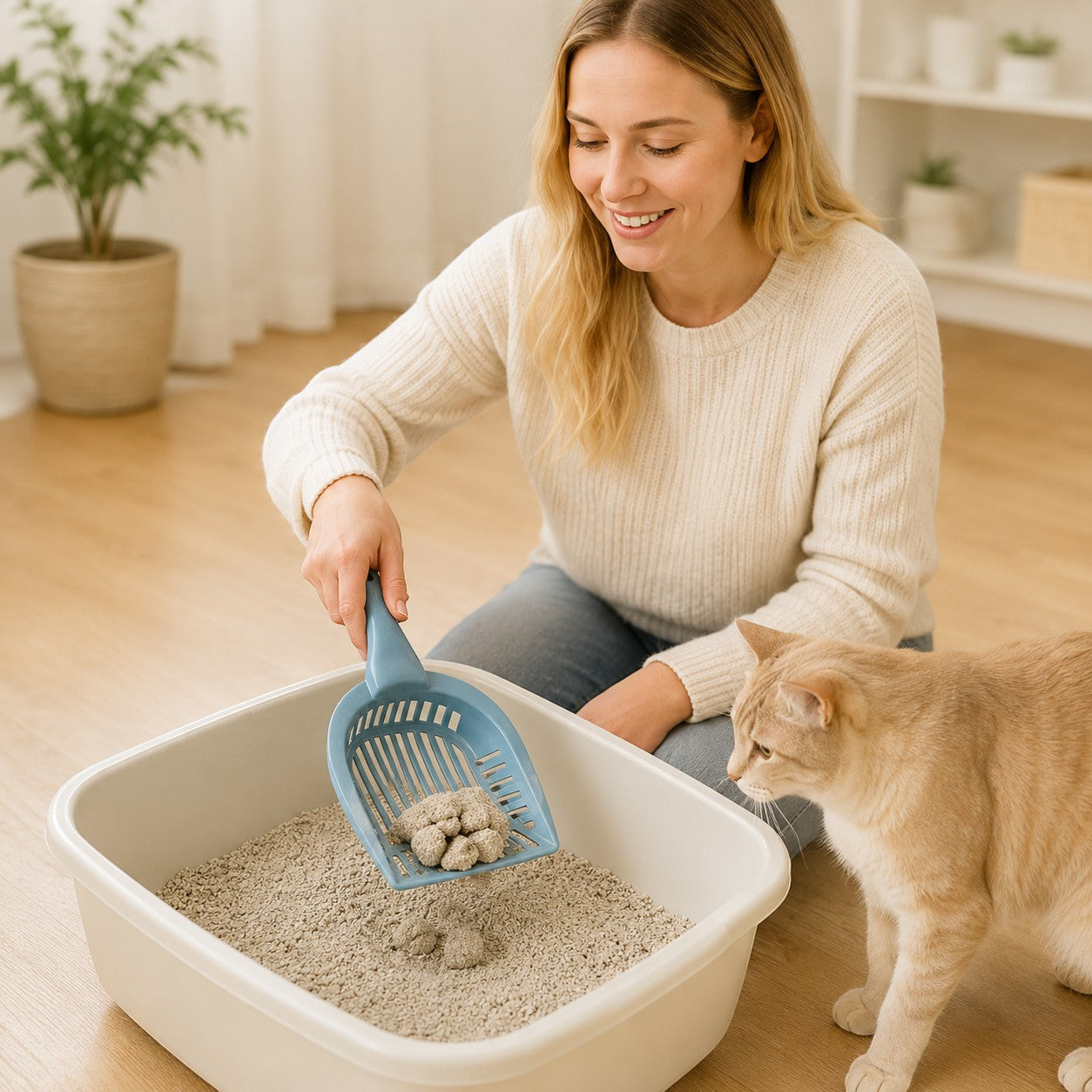 Tap2Own blue slotted litter scoop with ergonomic handle, cleaning a cat litter box with a cat nearby.