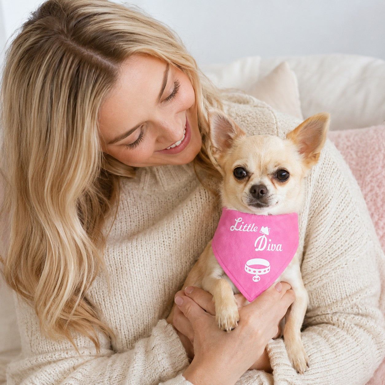 Tap2Own Little Diva Dog Bandana Accessory in bright pink with white text and graphics, worn by a chihuahua.