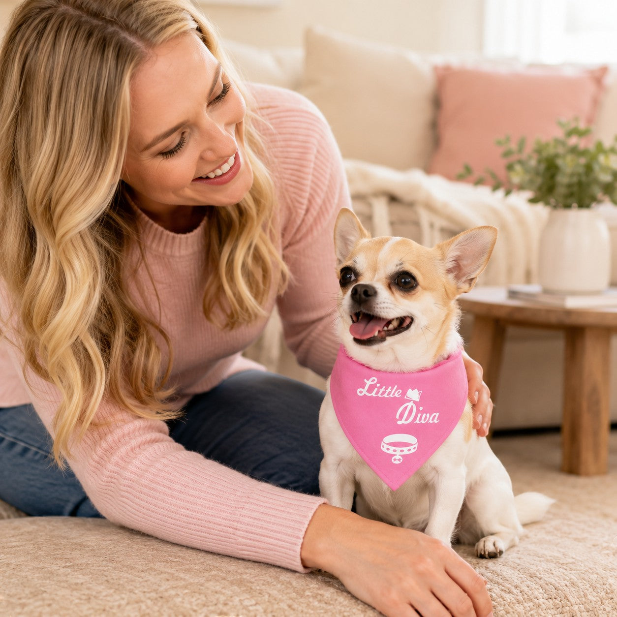 Tap2Own pink dog bandana with "Little Diva" slogan, crown, and collar graphic. Chihuahua dog wears bandana.