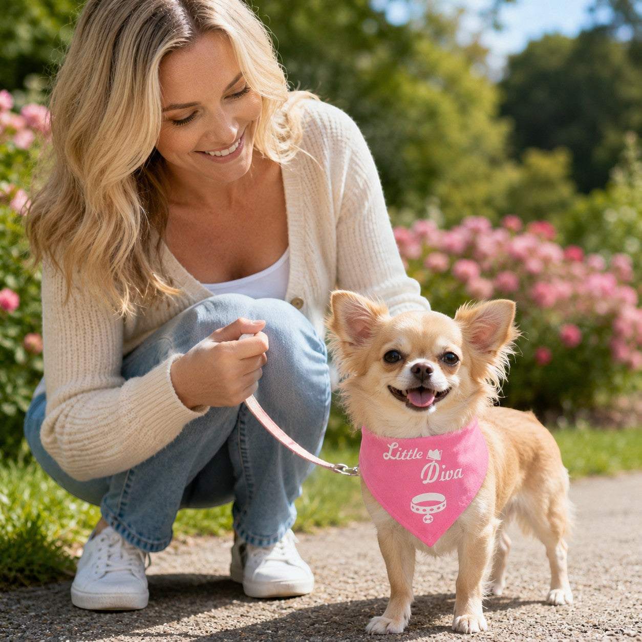 Tap2Own pink dog bandana with 'Little Diva' text, crown, and collar graphic. Chihuahua wears bandana.
