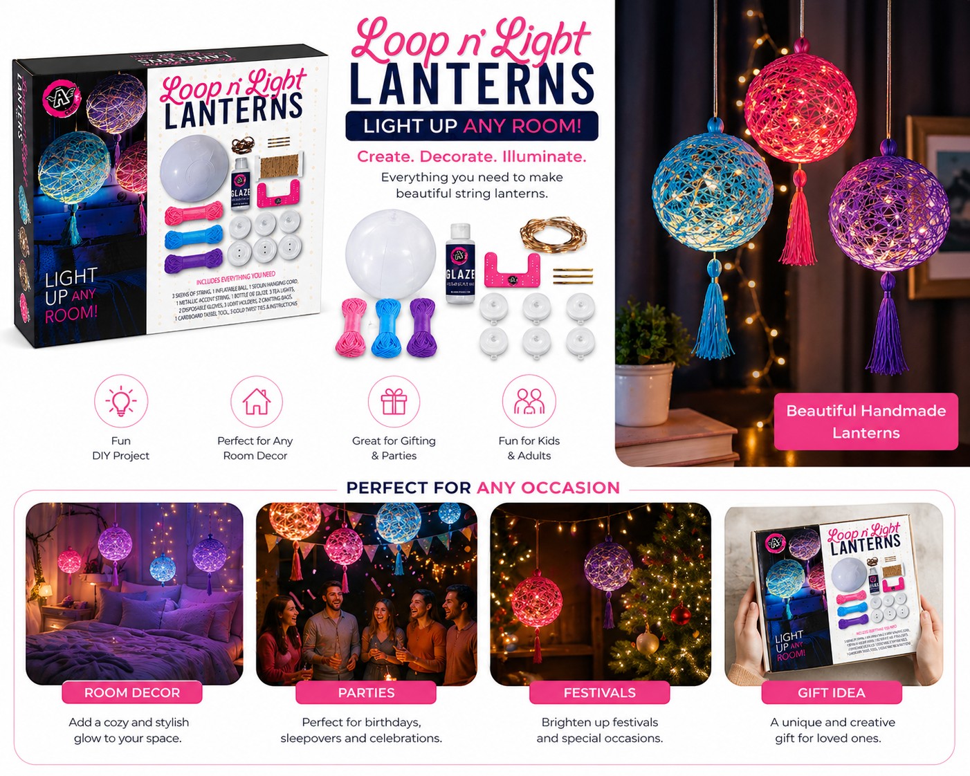 Tap2Own Loop n Light Lanterns Craft Kit with blue, pink, and purple string, glaze, and tea lights. Create beautiful illuminated string lanterns.