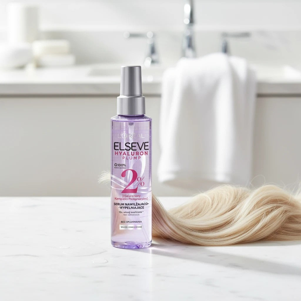 Tap2Own L'ORÉAL ELSEVE Hyaluron Plump hair serum in a purple spray bottle next to a lock of blonde hair on a counter.
