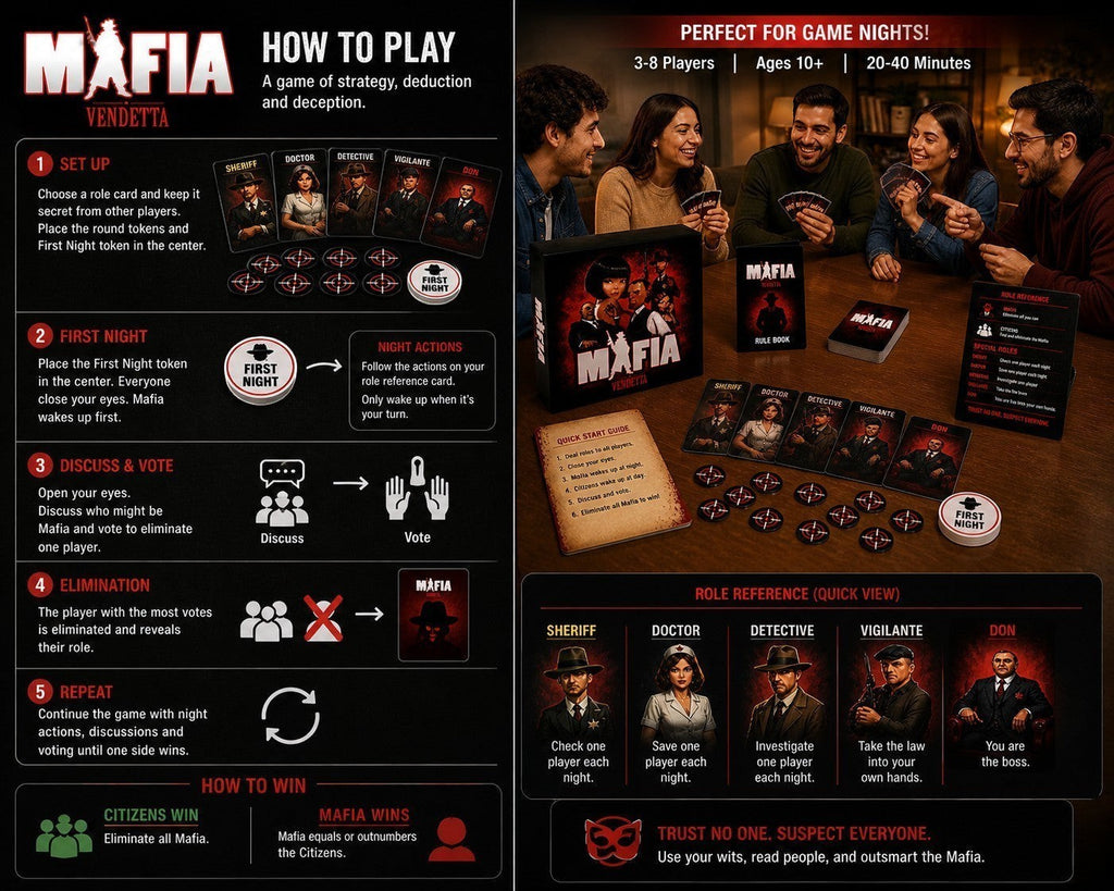 Tap2Own Mafia Vendetta social deduction card game for 3-8 players, ages 10+, featuring role cards and tokens.