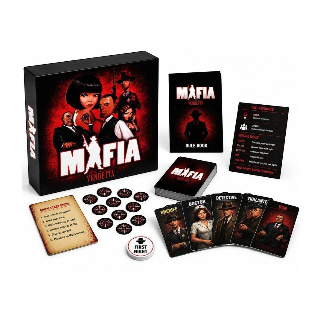 Tap2Own Mafia Vendetta social deduction card game box, rule book, role cards, and tokens. Features characters like Sheriff, Doctor, Detective, Vigilante, and Don.