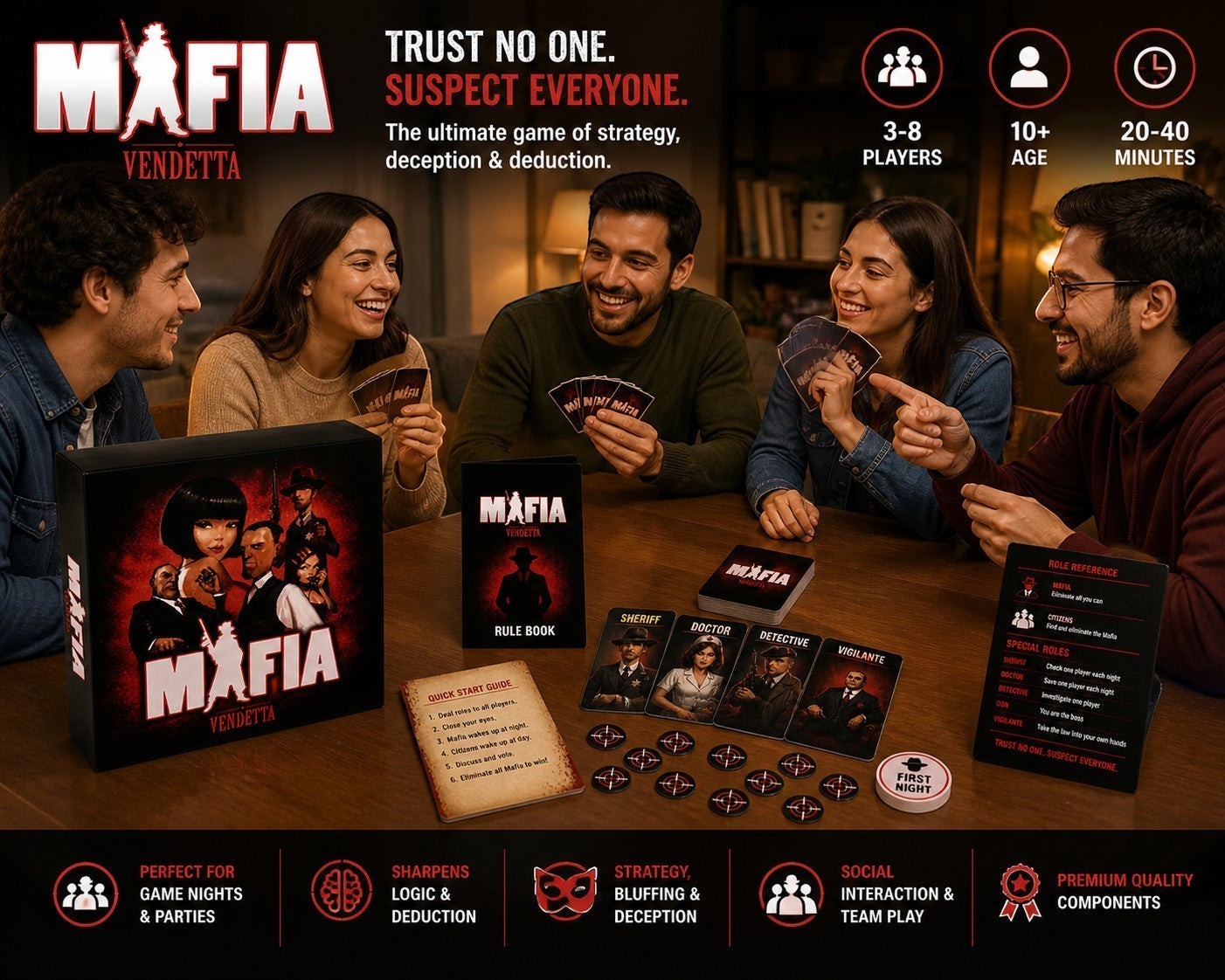 Tap2Own Mafia Vendetta social deduction card game box and components on a table with people playing.