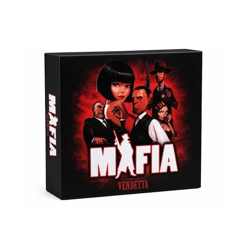 Tap2Own Mafia Vendetta card game box featuring stylized characters in a dramatic, red-hued scene.